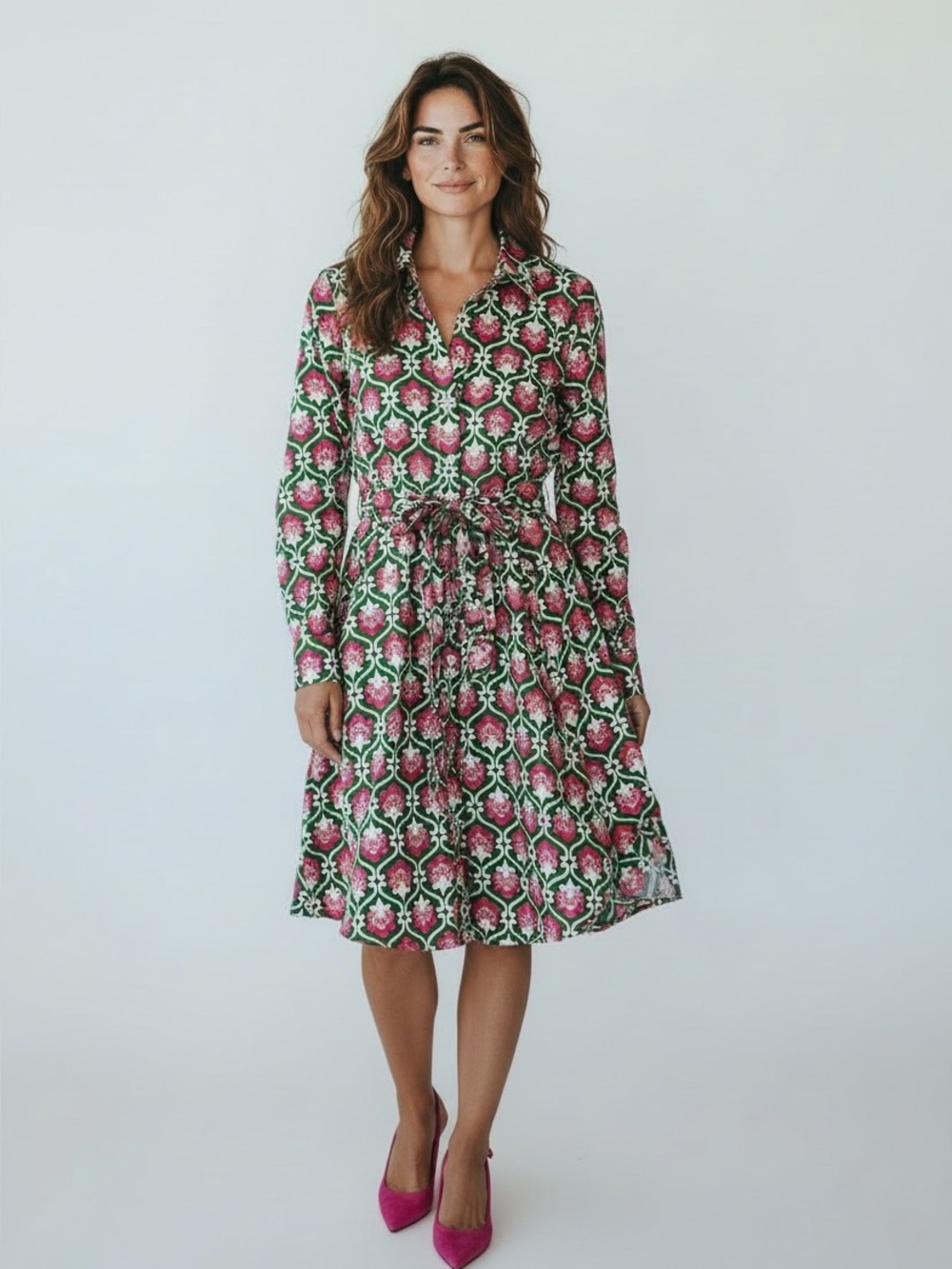 Boden Amy Cotton Short Shirt Dress Green Pink Geometric Floral 12R